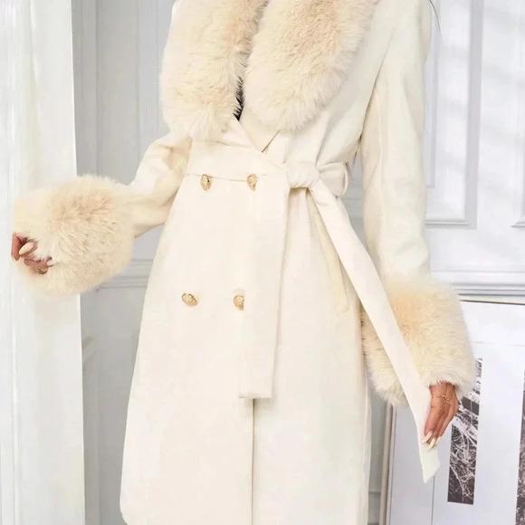 Apricot Elegant Women's Long Sleeve Double Breasted Long Wool Coat - Picture 7 of 7